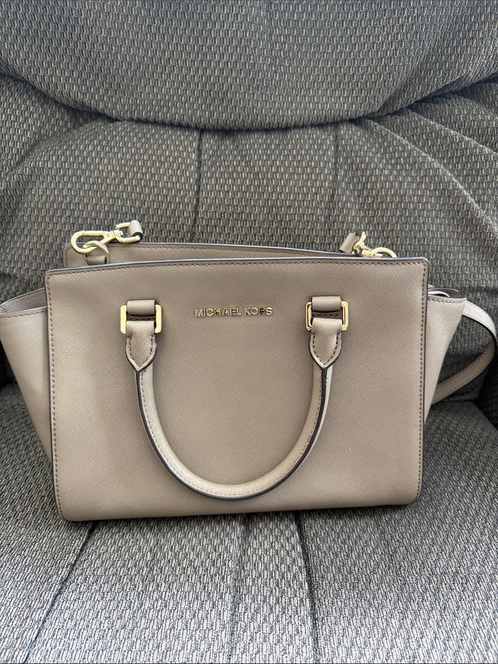 Michael Kors Beige Saffiano Leather Satchel with Gold Hardware